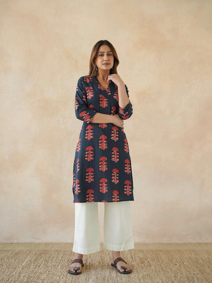 Cotton Printed Straight Kurta Red Coral