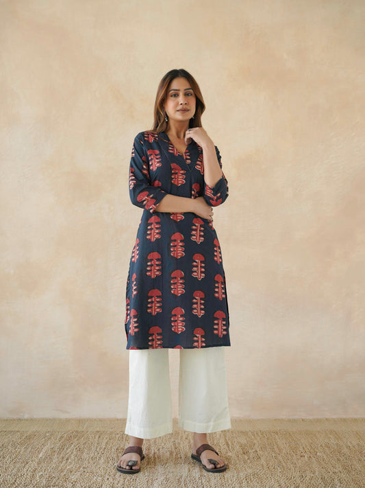 Cotton Printed Straight Kurta Red Coral