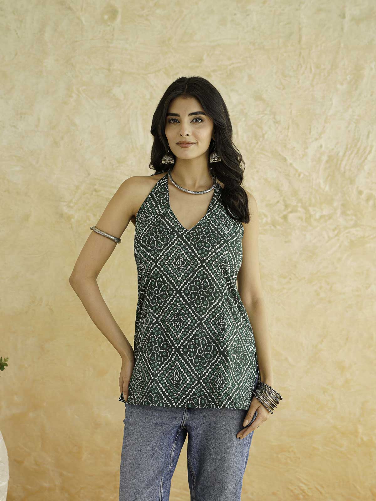 Cotton Printed Stylish Halter Tie-Up Kurti Green