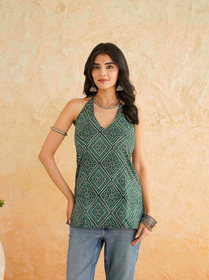 Cotton Printed Stylish Halter Tie-Up Kurti Green