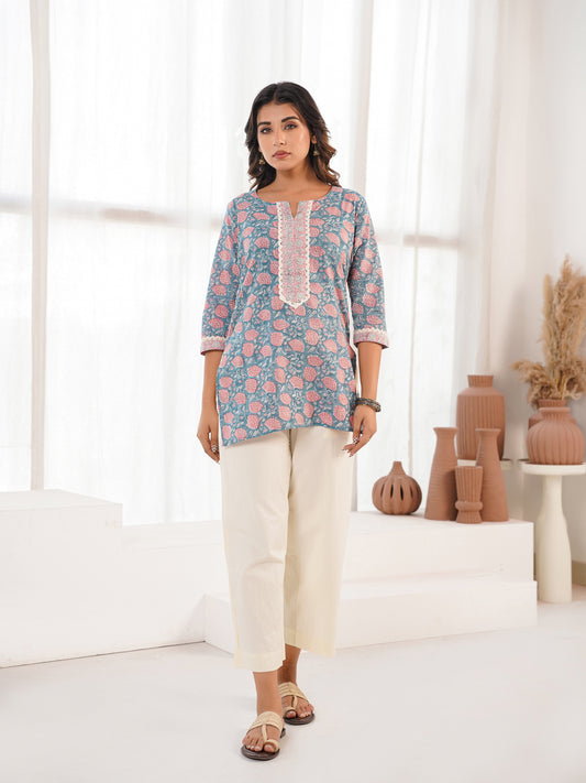 Block-Printed Cotton Zoya Kurti Grey Booty