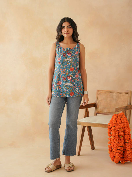 Cotton Printed Stylish Backless Tie-Up Kurti Blue Jaal