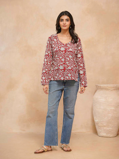 Full Sleeve Cotton Printed Classic Vee Top Red