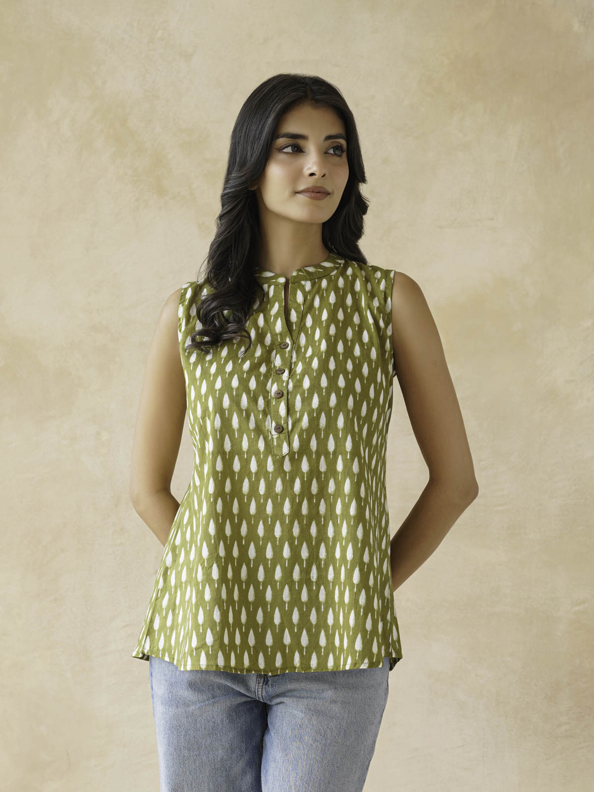 Cotton Printed Sleeveless Tunic Top For Women Green Booty