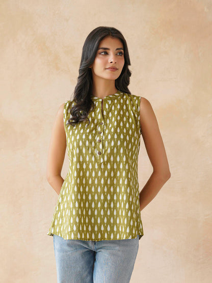 Cotton Printed Sleeveless Tunic Top For Women Green Booty