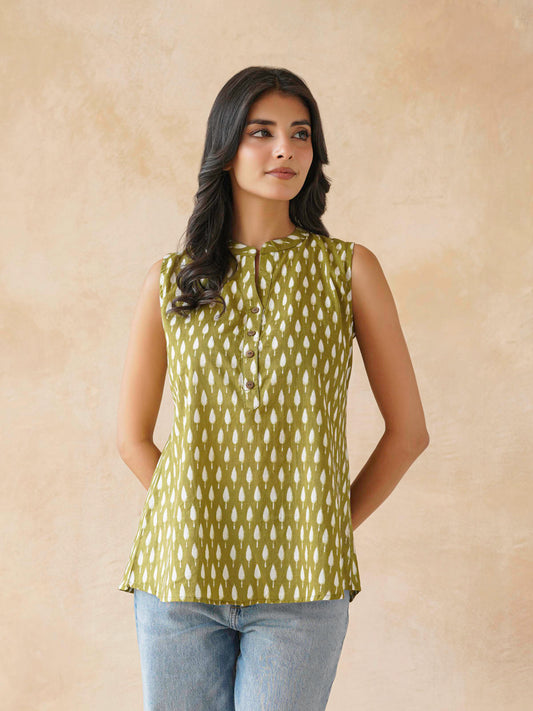 Cotton Printed Sleeveless Tunic Top For Women Green Booty