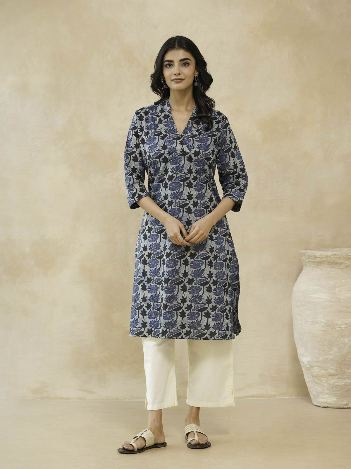 Cotton Printed Straight Kurta Indigo Lotus