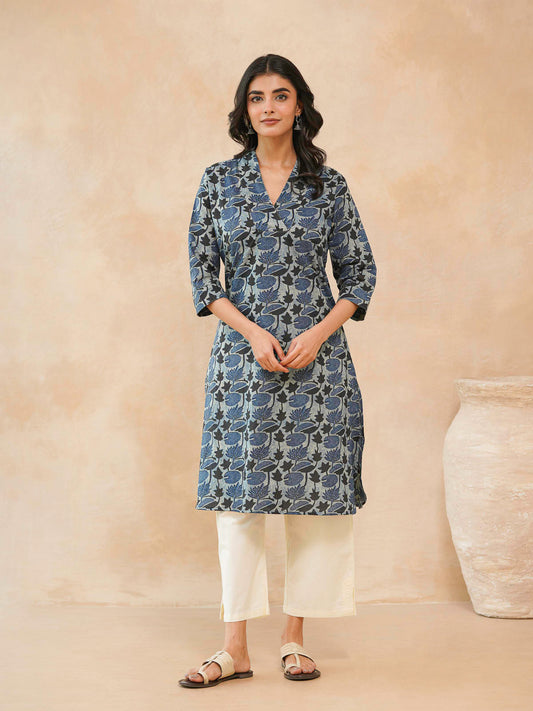 Cotton Printed Straight Kurta Indigo Lotus