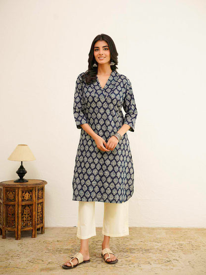 Cotton Printed Straight Kurta Blue Booty