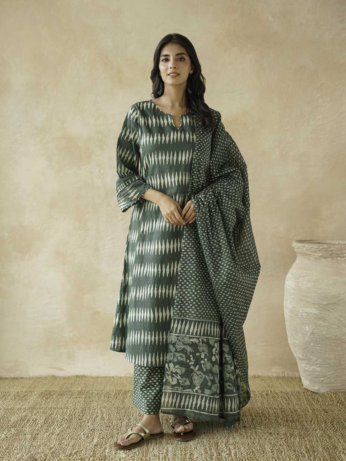 Cotton Printed Aline Kurta Set For Women Green