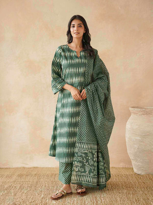 Cotton Printed Aline Kurta Set For Women Green
