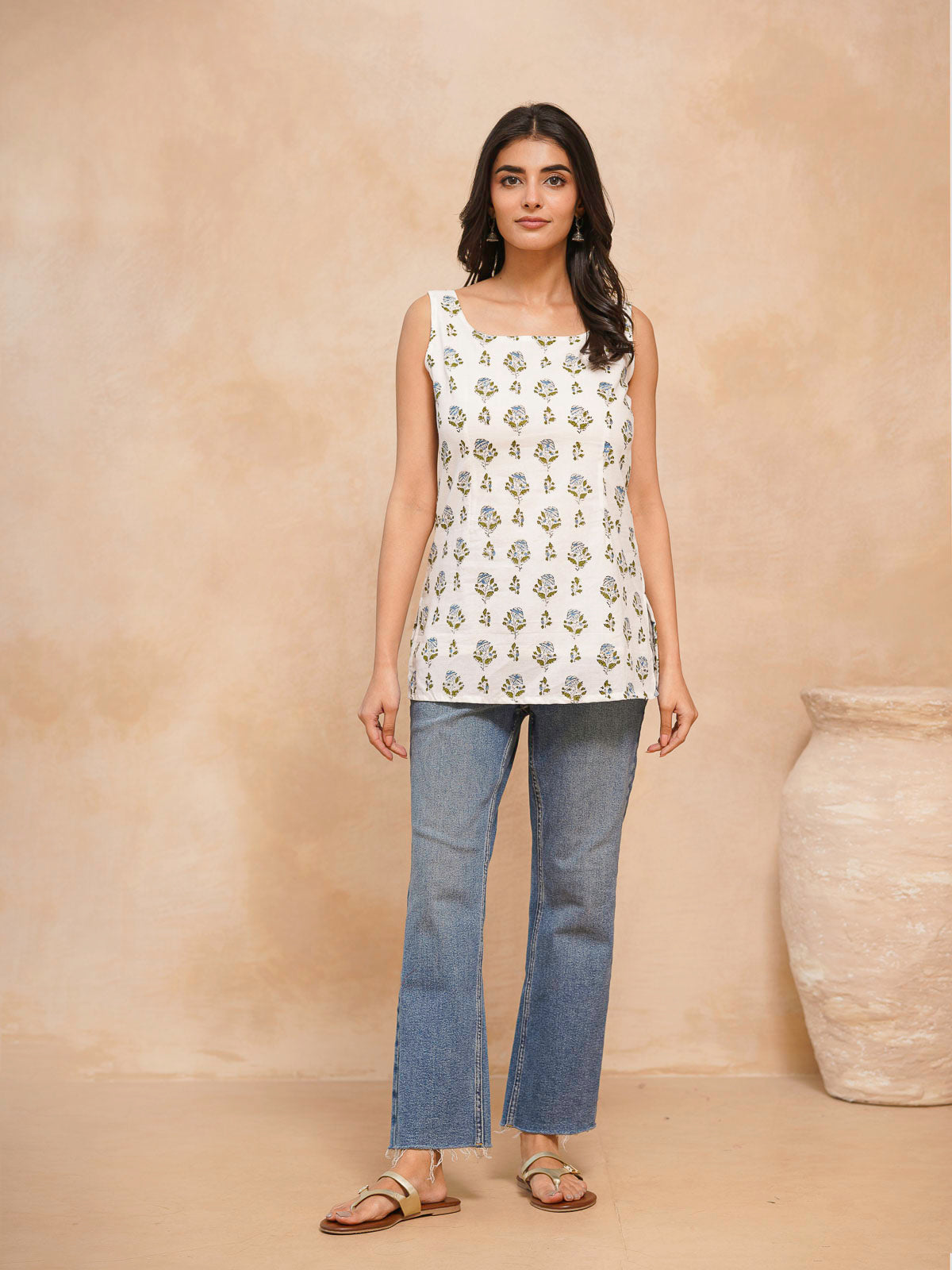 Cotton Printed Stylish Backless Tie-Up Kurti White