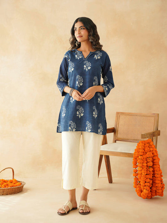 Cotton Printed Kantha Kurta Indigo
