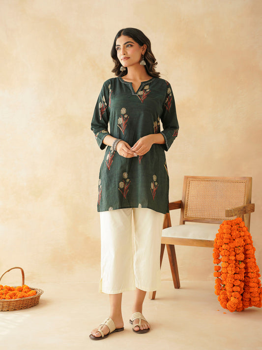 Cotton Printed Kantha Kurta Green