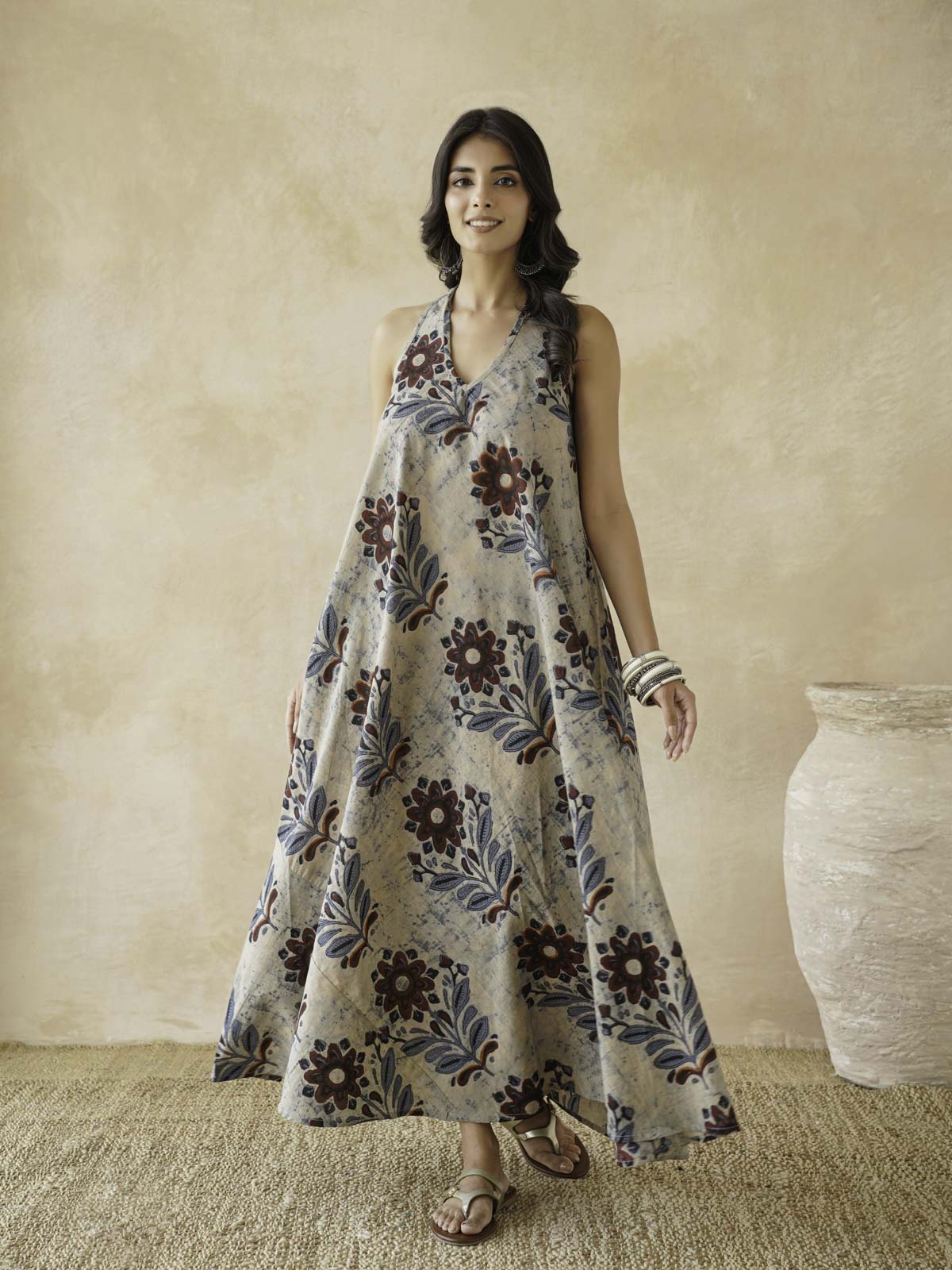 Cotton Printed Aline Moana Dress Beige