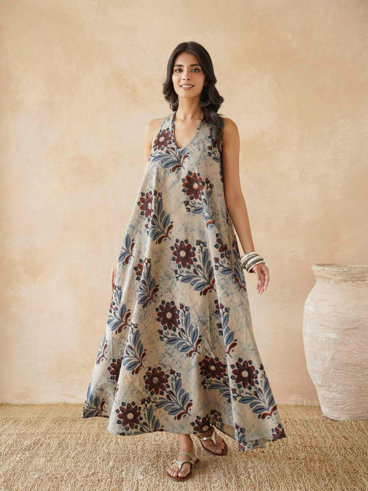 Cotton Printed Aline Moana Dress Beige