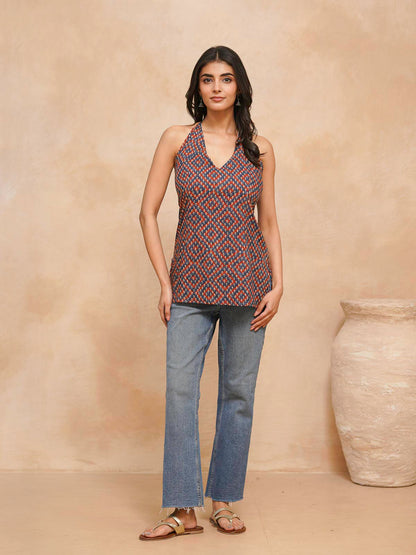 Cotton Printed Stylish Halter Tie-Up Kurti Bandhej