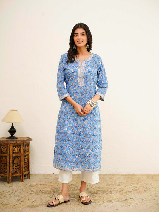 Cotton Block Printed Long Kurta Blue Booty
