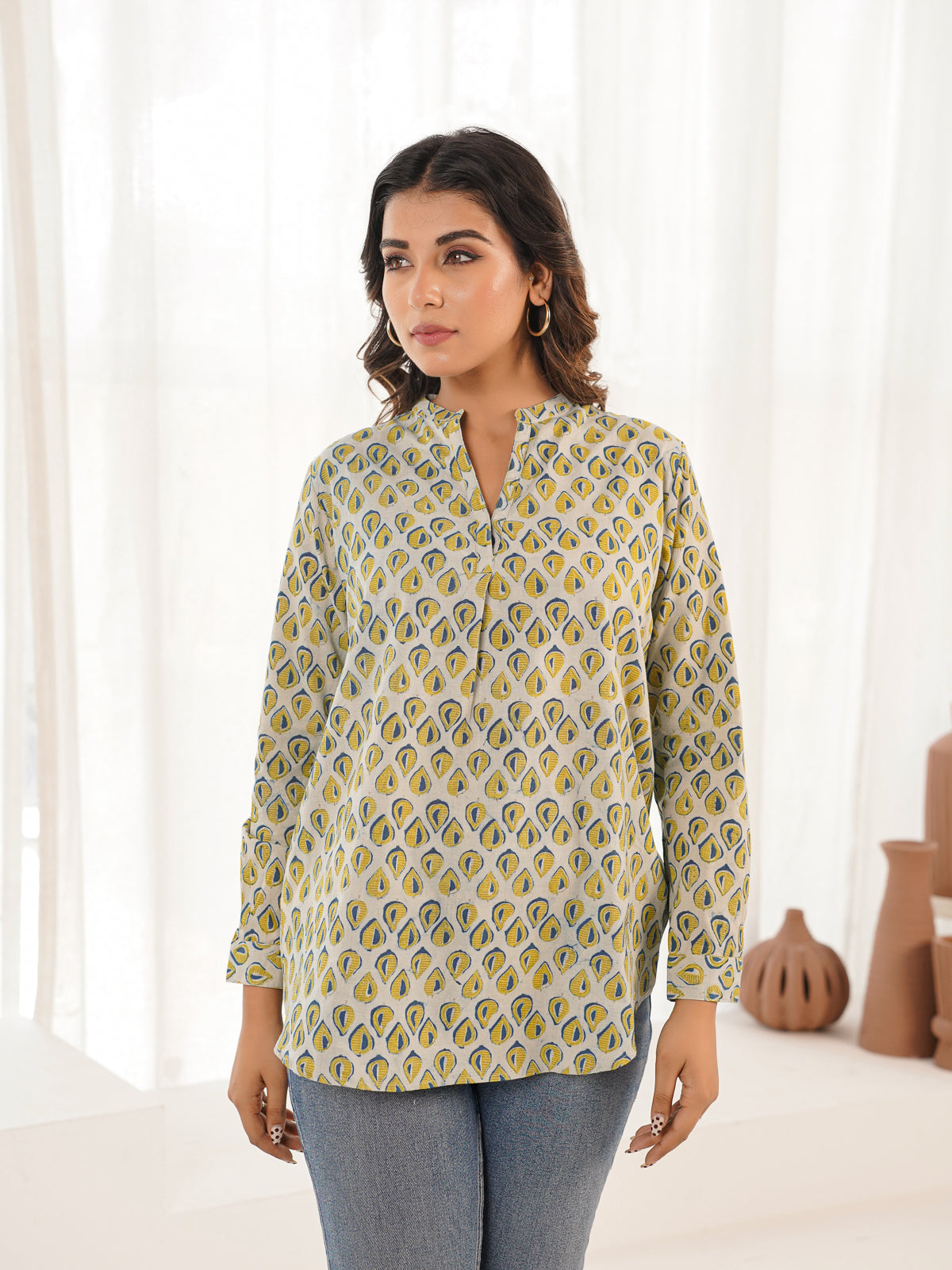 Cotton Printed Top For Women Yellow Leaf