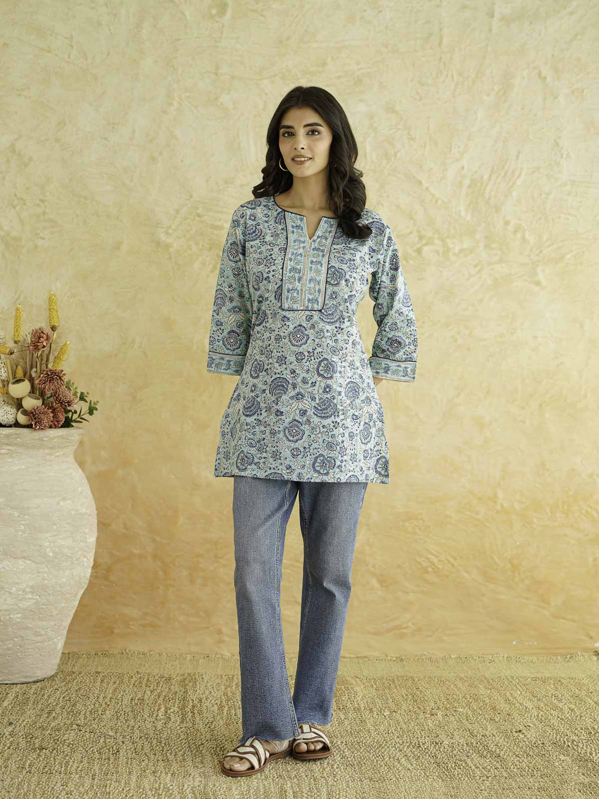 Cotton Printed Sequin Short Kurti For Women Turquoise