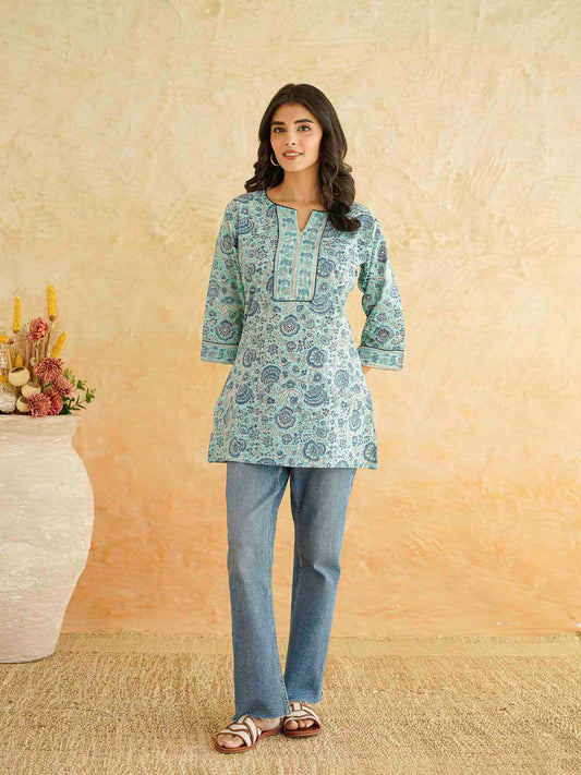 Cotton Printed Sequin Short Kurti For Women Turquoise