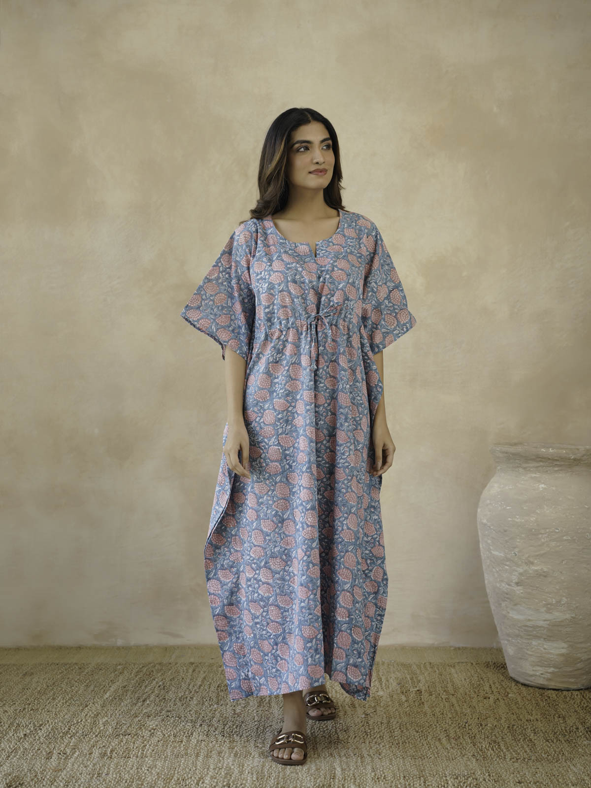 Block-Printed Cotton Long Kaftan Marigold