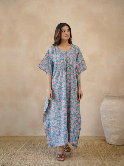 Block-Printed Cotton Long Kaftan Marigold