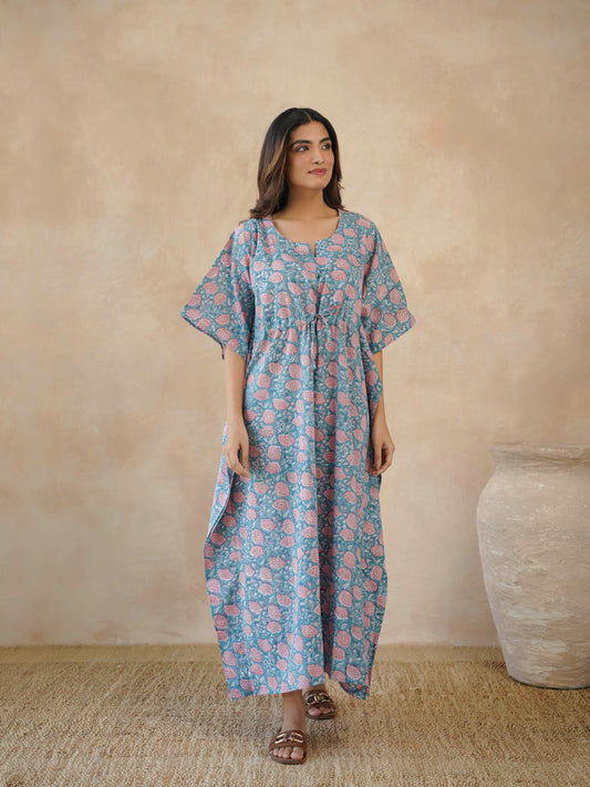 Block-Printed Cotton Long Kaftan Marigold