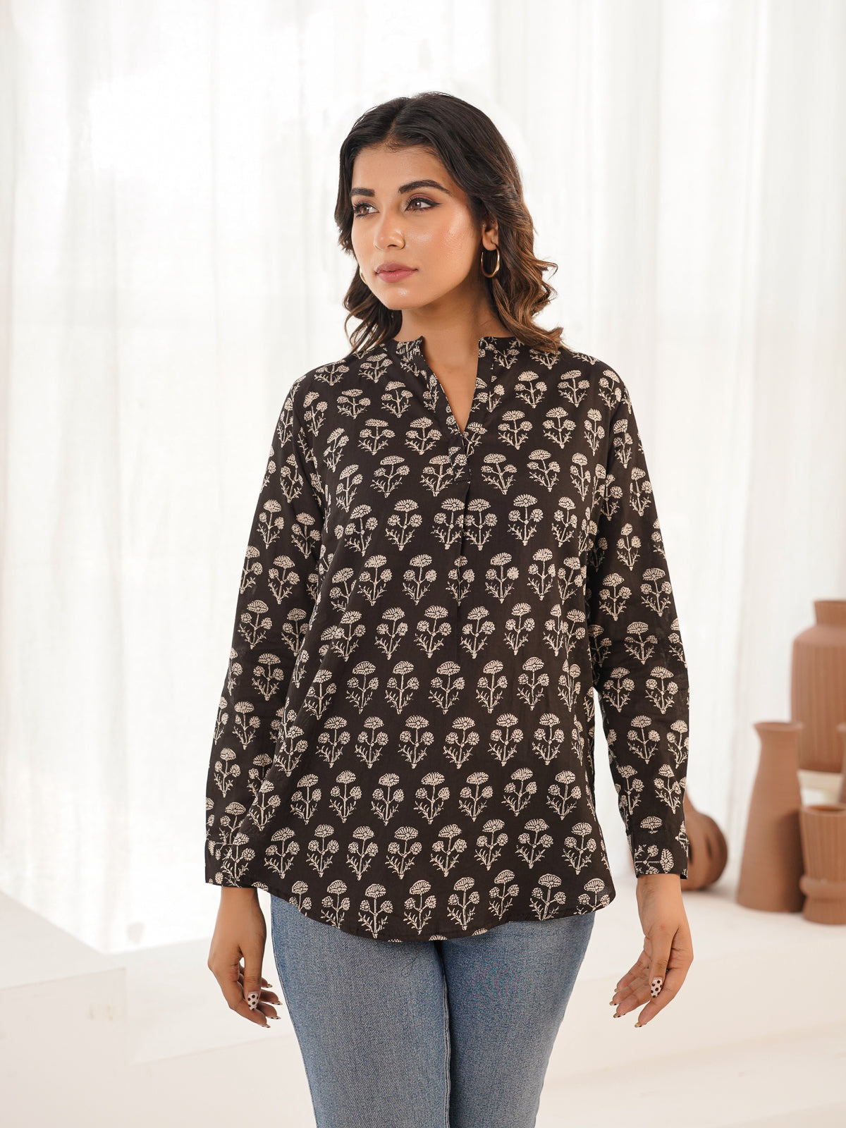 Cotton Printed Top For Women Black