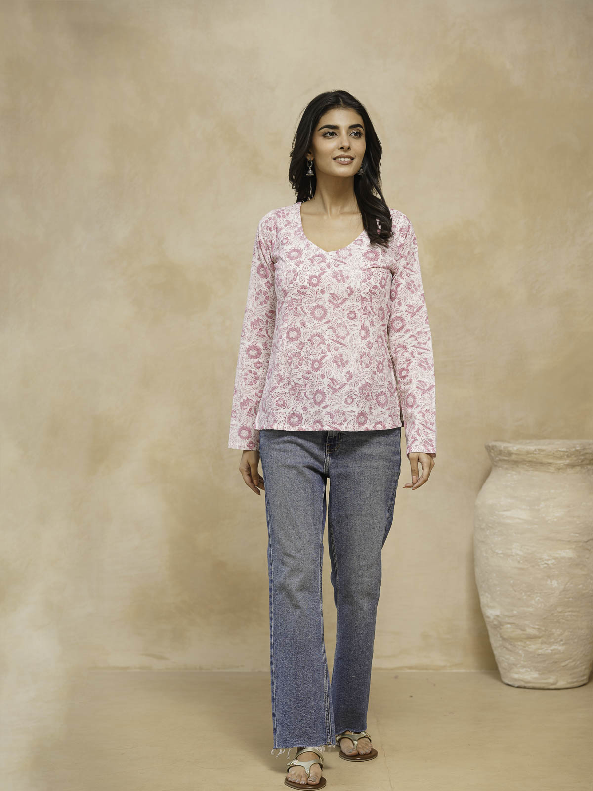 Full Sleeve Cotton Printed Classic Vee Top White