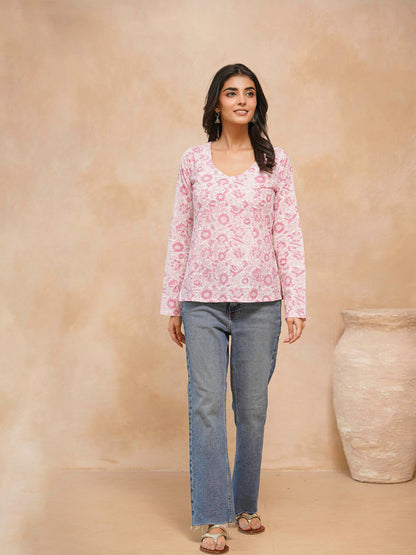 Full Sleeve Cotton Printed Classic Vee Top White