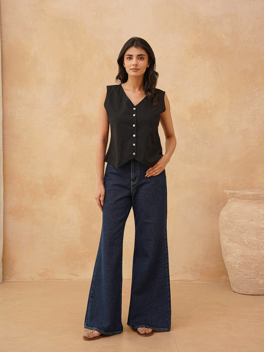 Classic Linen Vest For Women Black