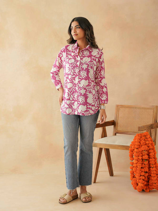 Block Printed Cotton Meher Shirt Pink