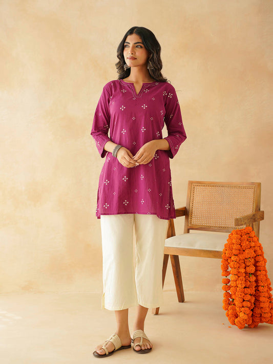 Cotton Printed Kantha Kurta Purple