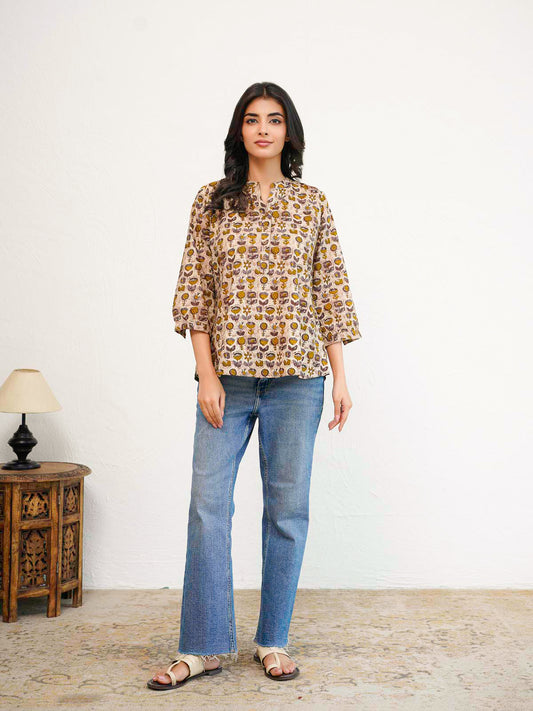Cotton Printed Everyday Tunic Top For Women Brown