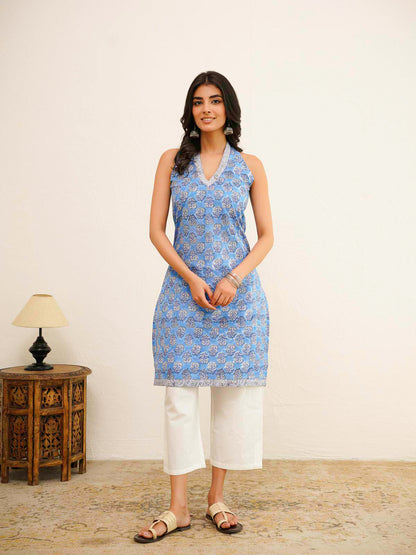 Sleeveless Cotton Halter Neck Kurti Blue Booty