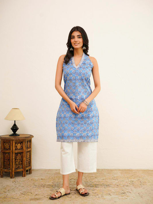 Sleeveless Cotton Halter Neck Kurti Blue Booty