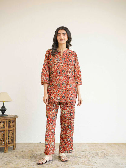 Cotton Printed Lounge Wear Coord Set Red Jaal