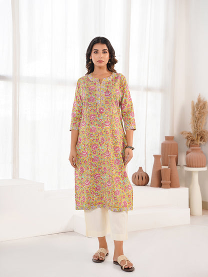 Cotton Block Printed Long Kurta Parrot Green