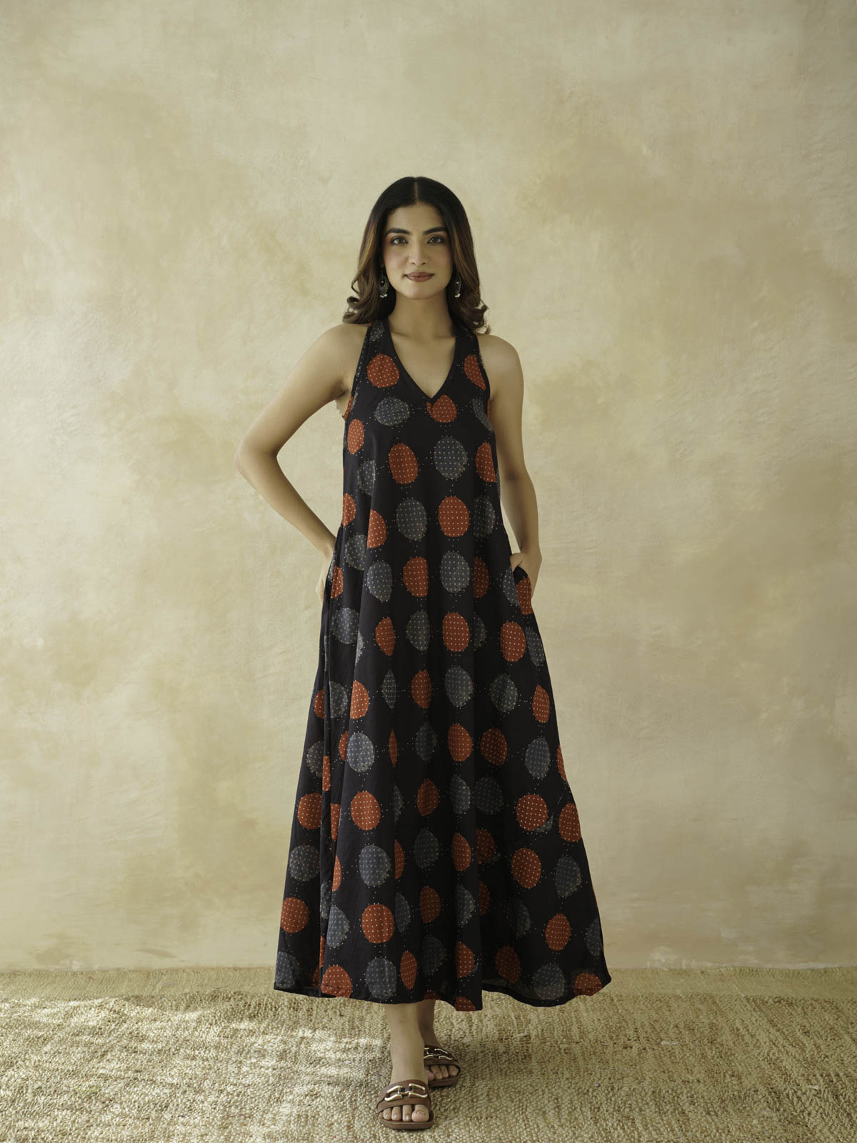 Cotton Printed Aline Moana Dress Black Polka