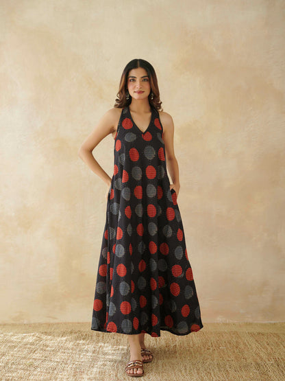 Cotton Printed Aline Moana Dress Black Polka
