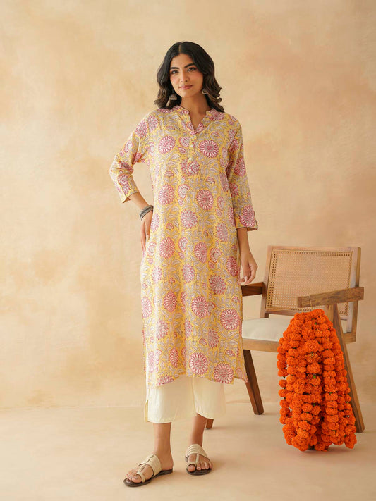 Cotton Printed Collar Neck Long Kurti For Women Yellow