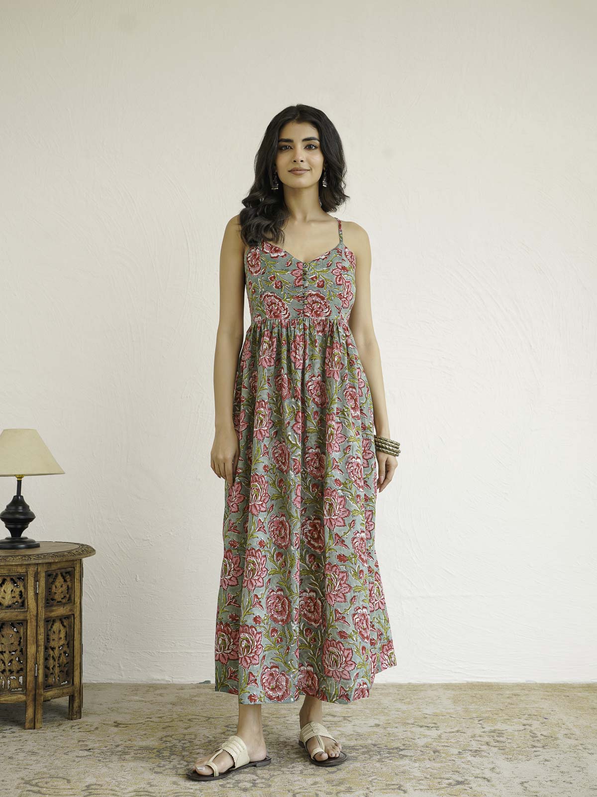 V-Neck Long Strappy Dress Green Flower