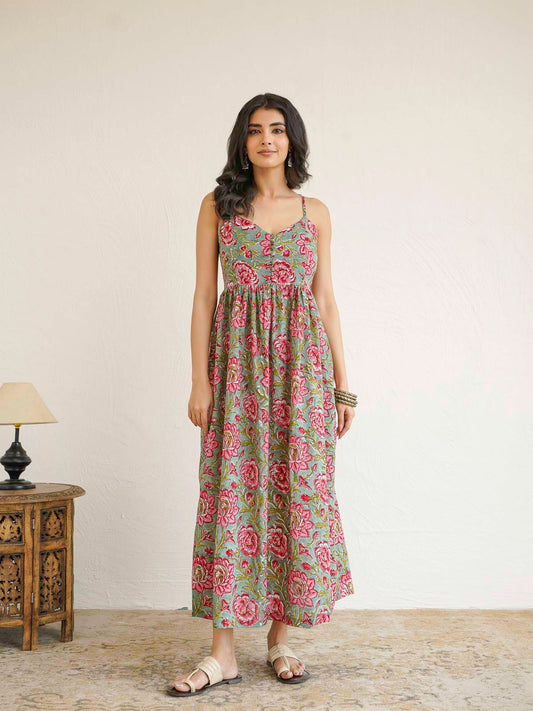 V-Neck Long Strappy Dress Green Flower