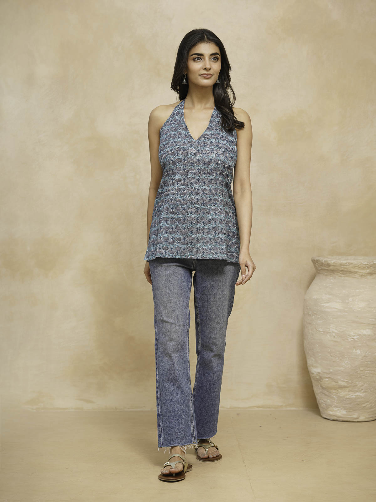 Cotton Printed Stylish Halter Tie-Up Kurti Blue