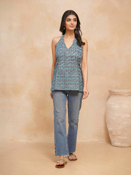 Cotton Printed Stylish Halter Tie-Up Kurti Blue