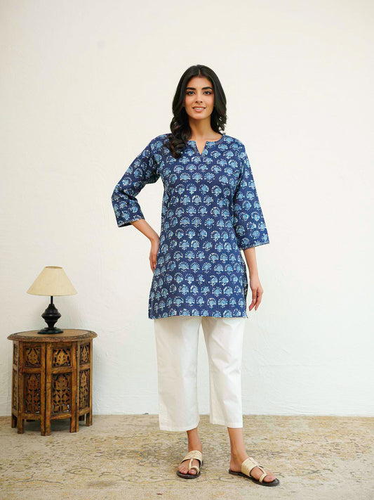 Cotton Printed Kantha Kurta Blue