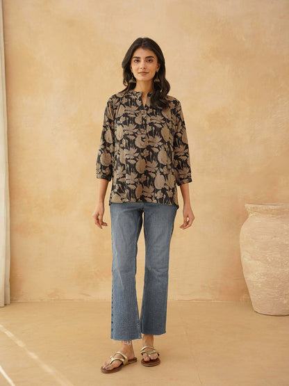 Cotton Printed Everyday Tunic Top For Women Black Grey