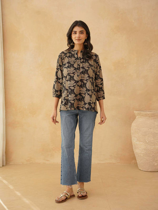 Cotton Printed Everyday Tunic Top For Women Black Grey