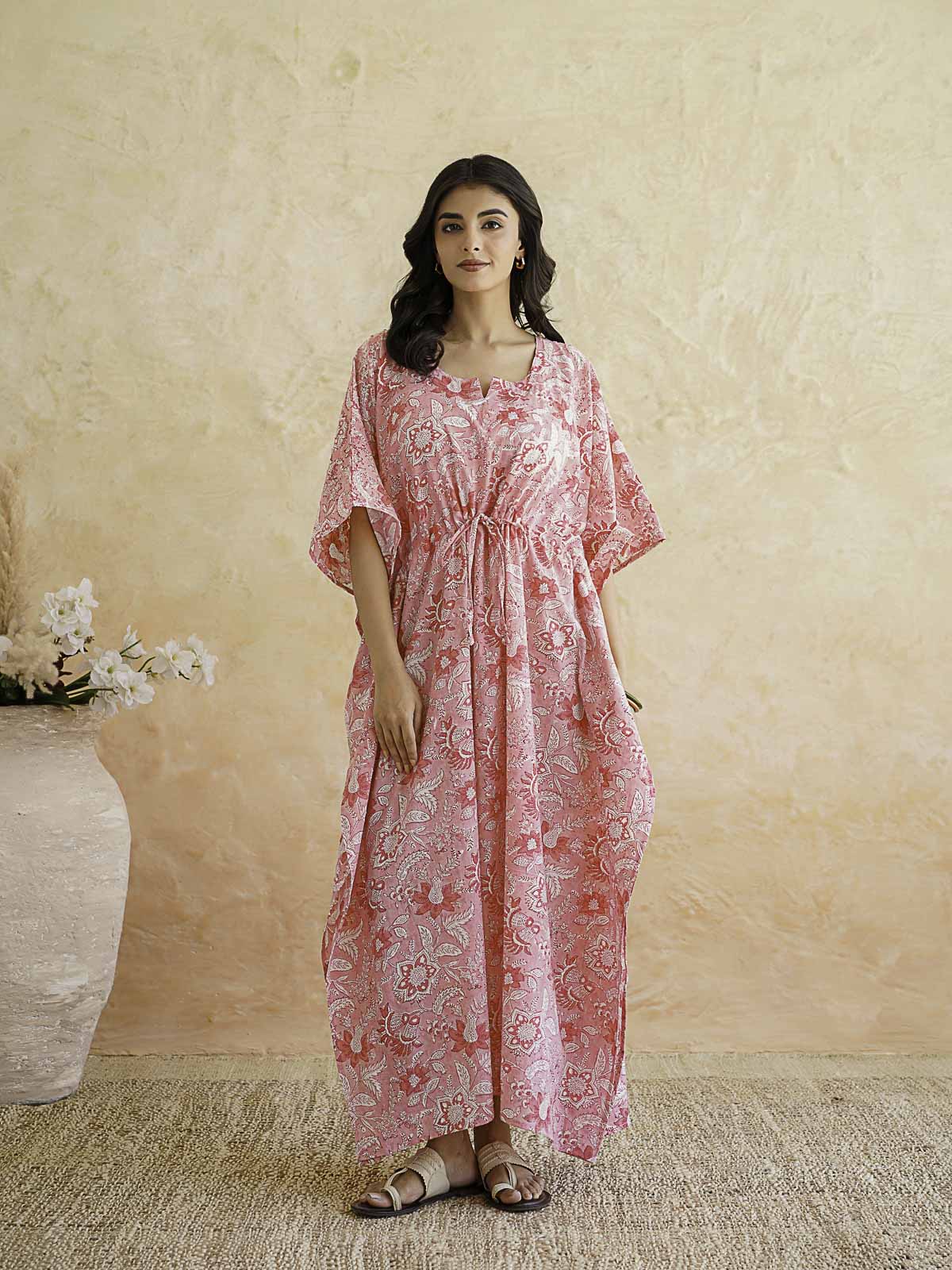 Block-Printed Cotton Long Kaftan Pink Jaal